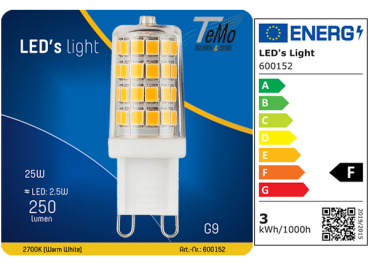 1 STÜCK (VPE) SHADA LED Stiftsockellampe G9, 250lm, 2,5 Watt, Warmweiss 2700K, klar, dimmbar, EEC: F (600152)